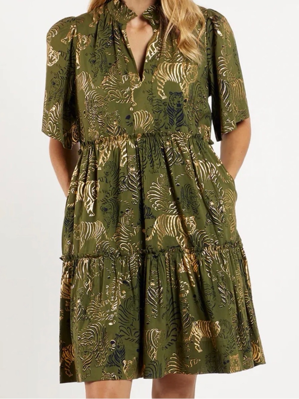 Jude Connally Olive and Gold Tiger Print Midi Dress